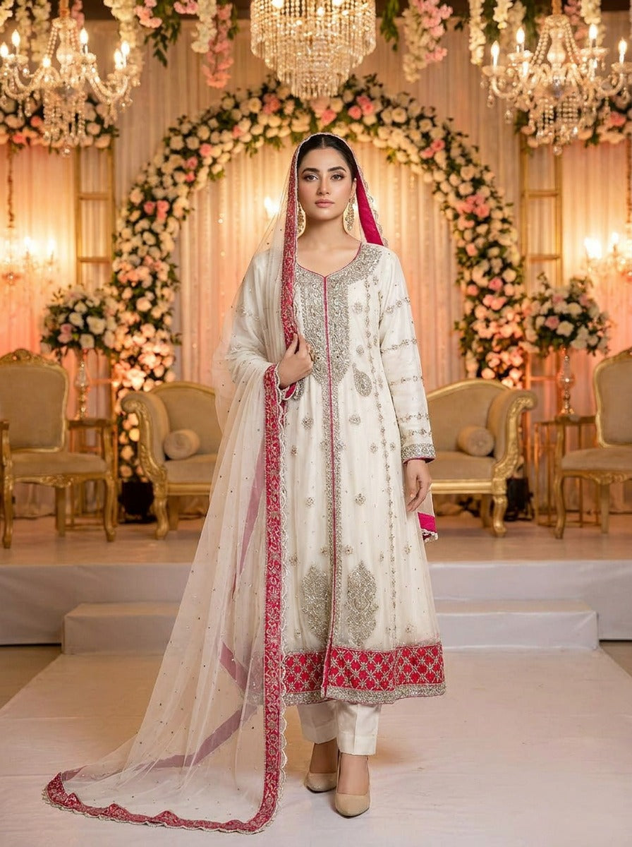 Ivory Fancy Net Long Party Dress with Red Border KF-940
