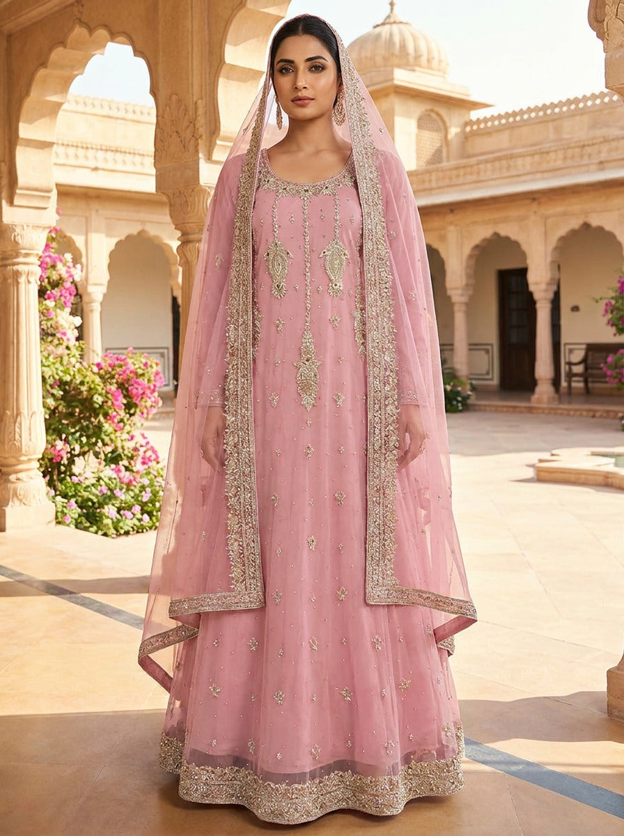 Dusty Pink Net Maxi Dress with Hand Work and Chiffon Dupatta KF-1012