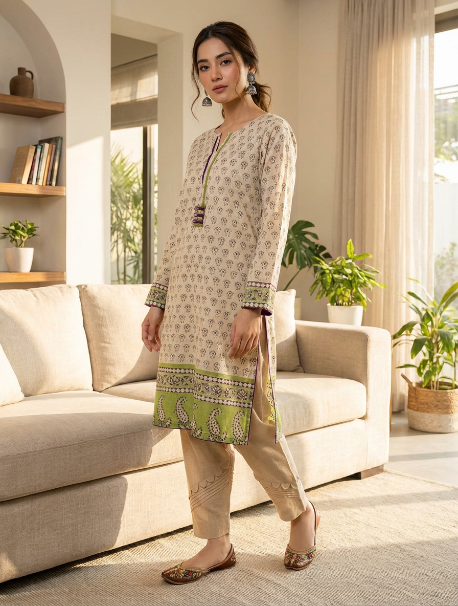 Beige Self Print Lawn Formal Suit with Chiffon Georgette Dupatta, Lawn 057