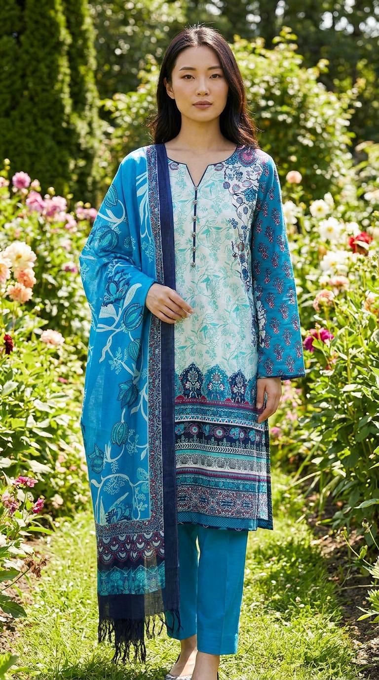 Ice Blue Printed Soft Khaddar Suit with Turquoise Linen Dupatta KF-1156