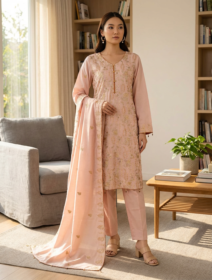 3 Piece Cotton Kameez Trouser Light Peach