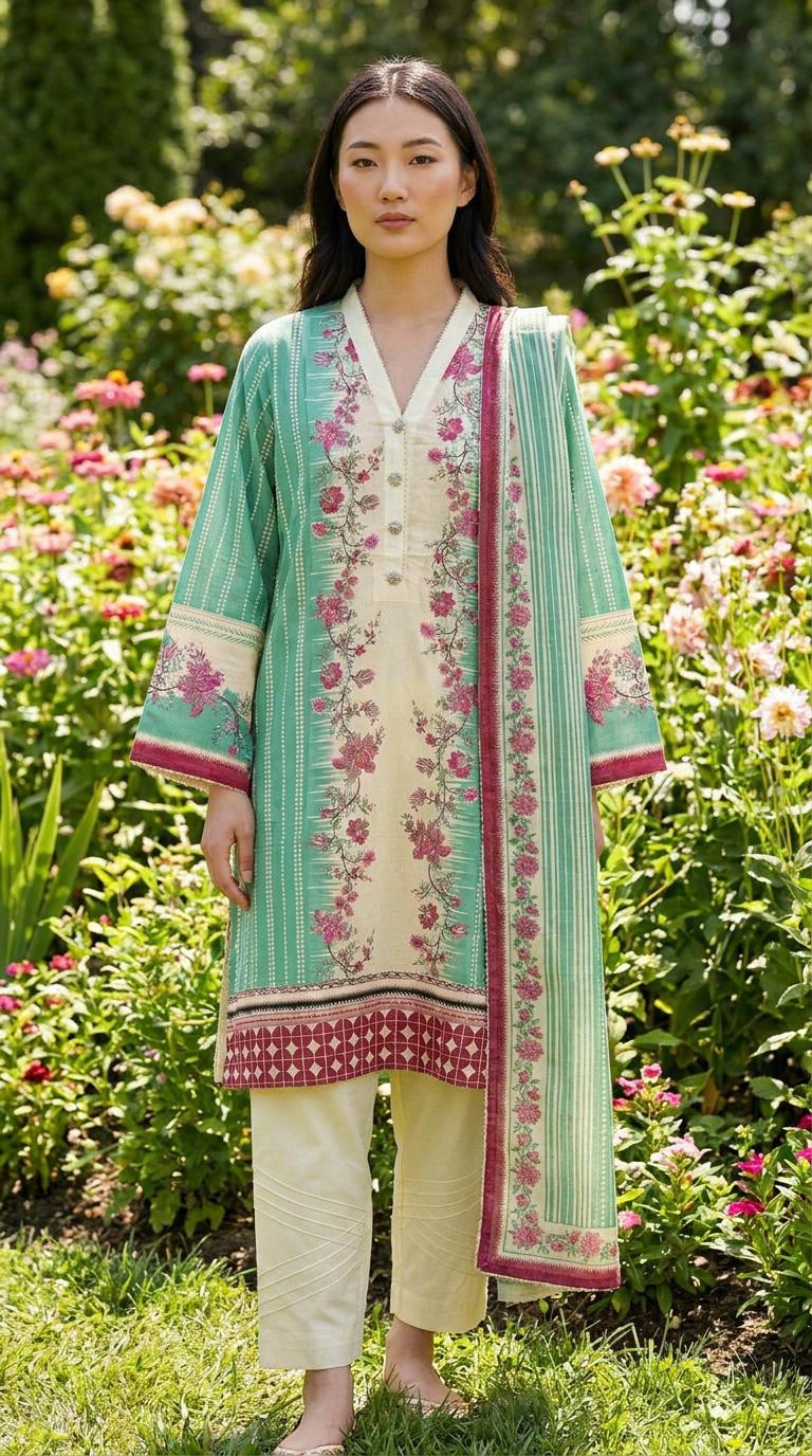 Cream Saya Lawn Printed Suit with Green Floral Dupatta KF-1158