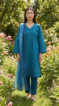 Alkaram Teal Blue Printed Khaddar Suit with Khaddar Linen Dupatta KF-1159