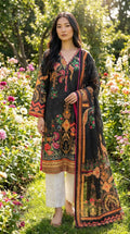 Black Floral Print Chicken Lawn Suit with White Trouser KF-1160