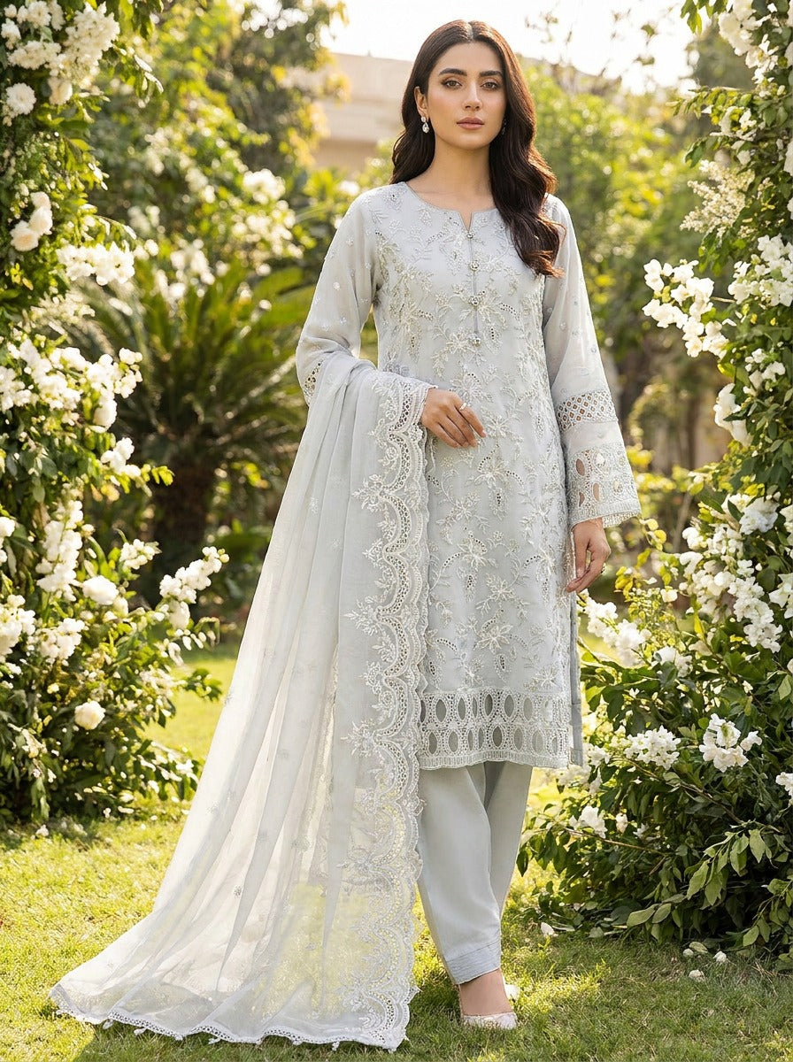 Pale Grey Fully Embroidered Sequence Work Suit with Jamawar Piping KF-1017