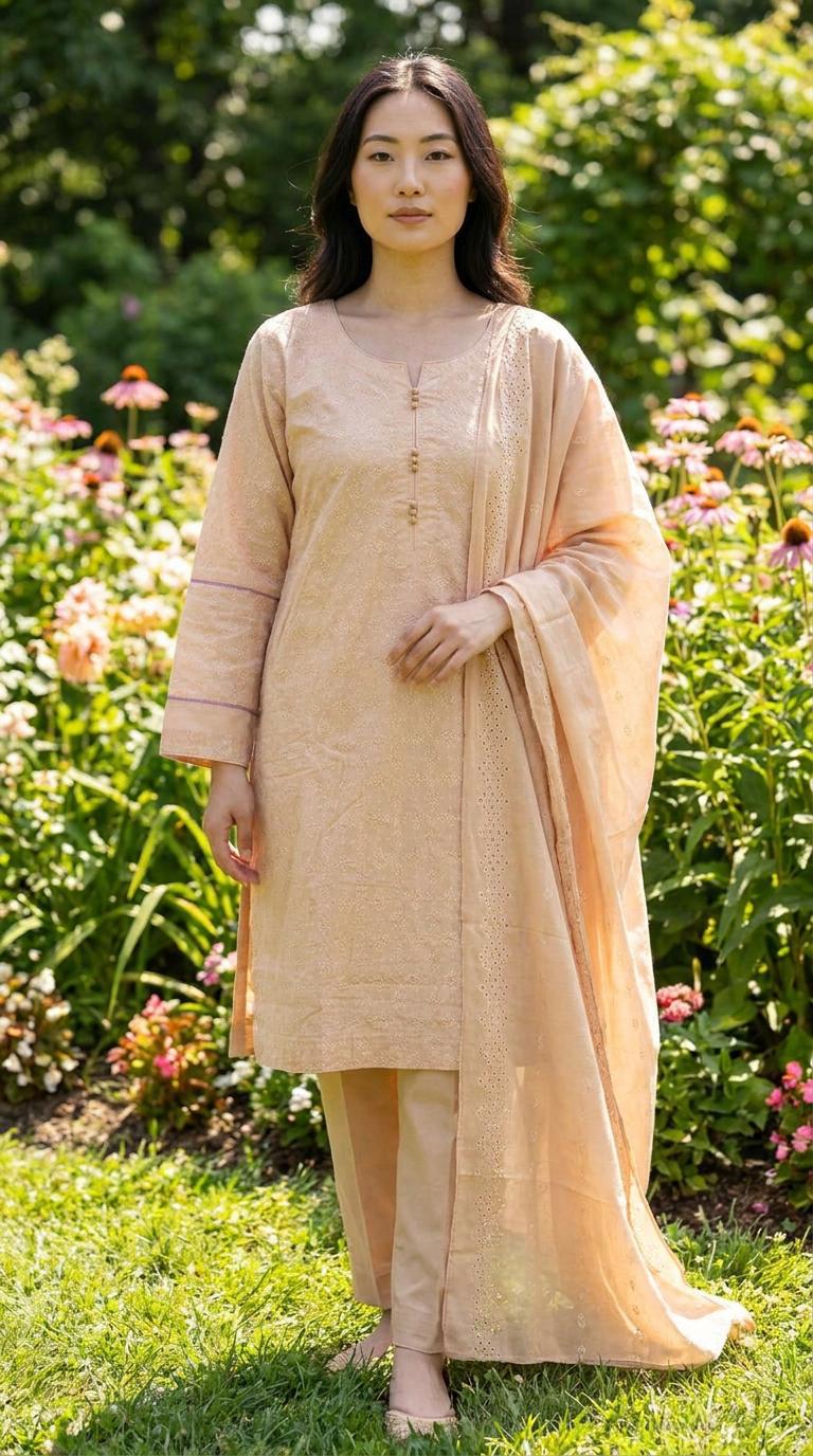 Beige Zam Zam Chicken Lawn Suit with Peach Dupatta KF-1161
