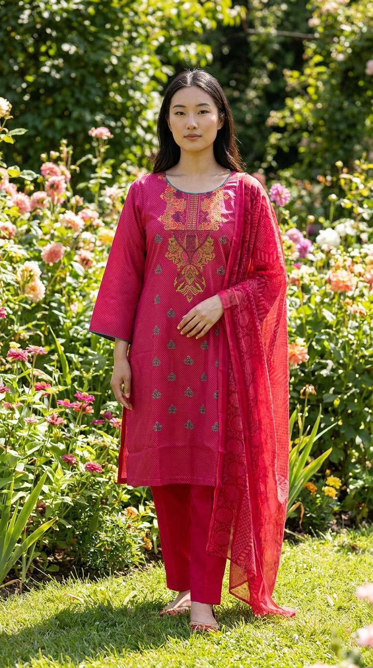 Magenta Embroidered Lawn Suit with Printed Chiffon Dupatta KF-1163