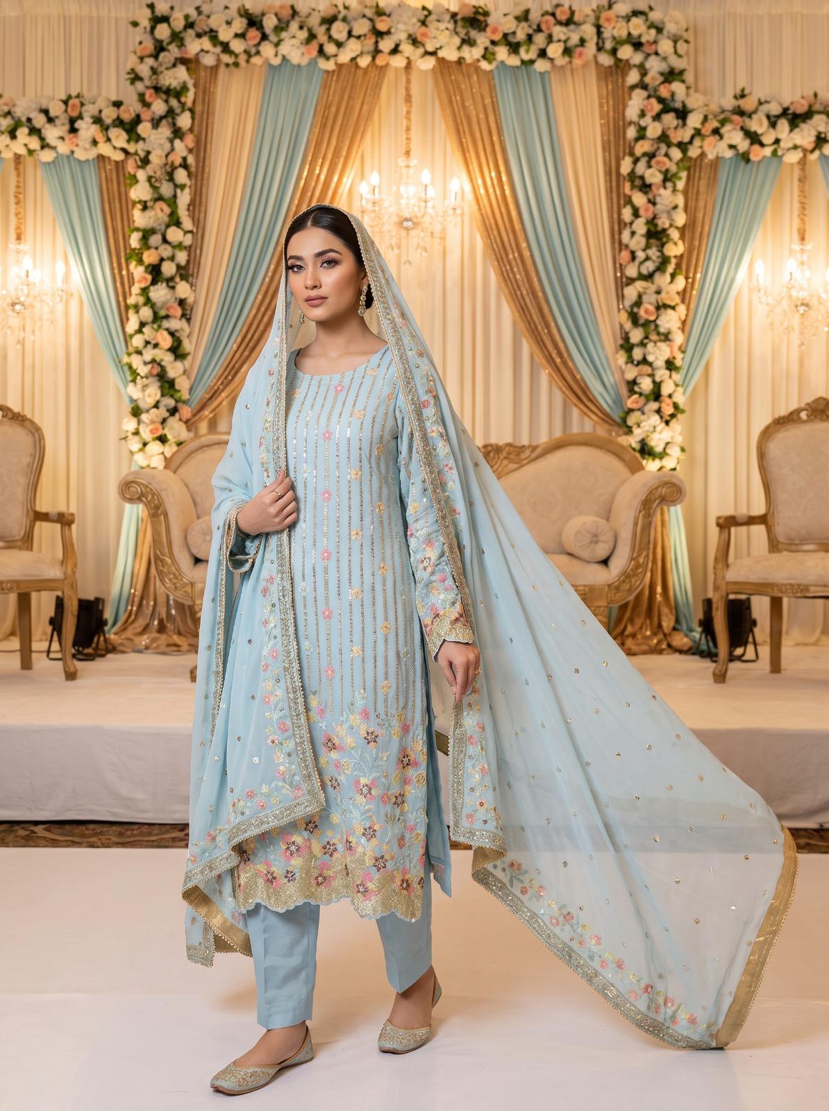 Powder Blue Sequence Embroidered Pure Chiffon 3 Piece Suit KF-1021