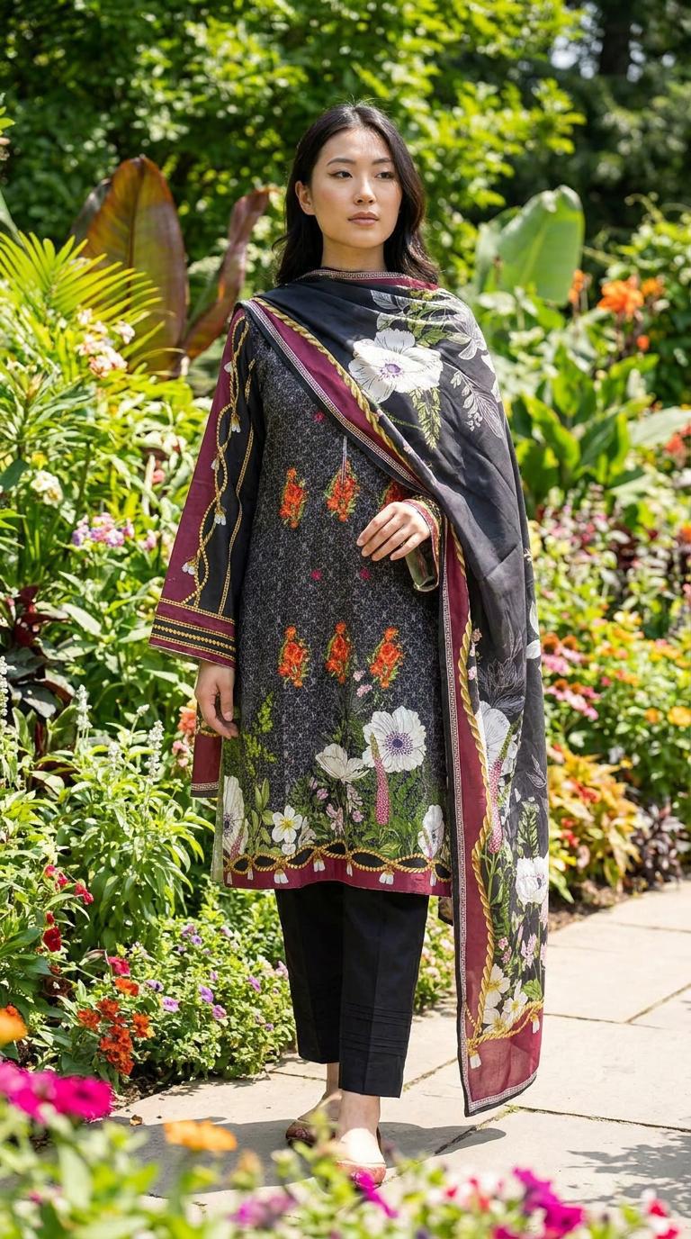 Black Printed Linen Suit with Poppy Floral Dupatta KF-1164