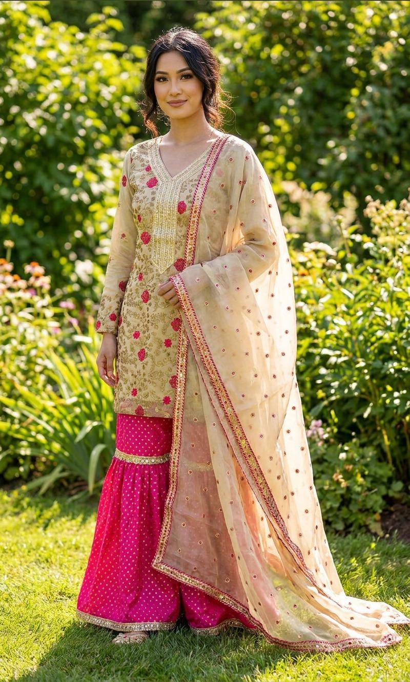 Yellow Mesoori Banarsi Gharara Suit with Green Silk Gharara, Gharara-022