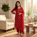 3 Pcs Lawn Suit for Women in Red KF-9011