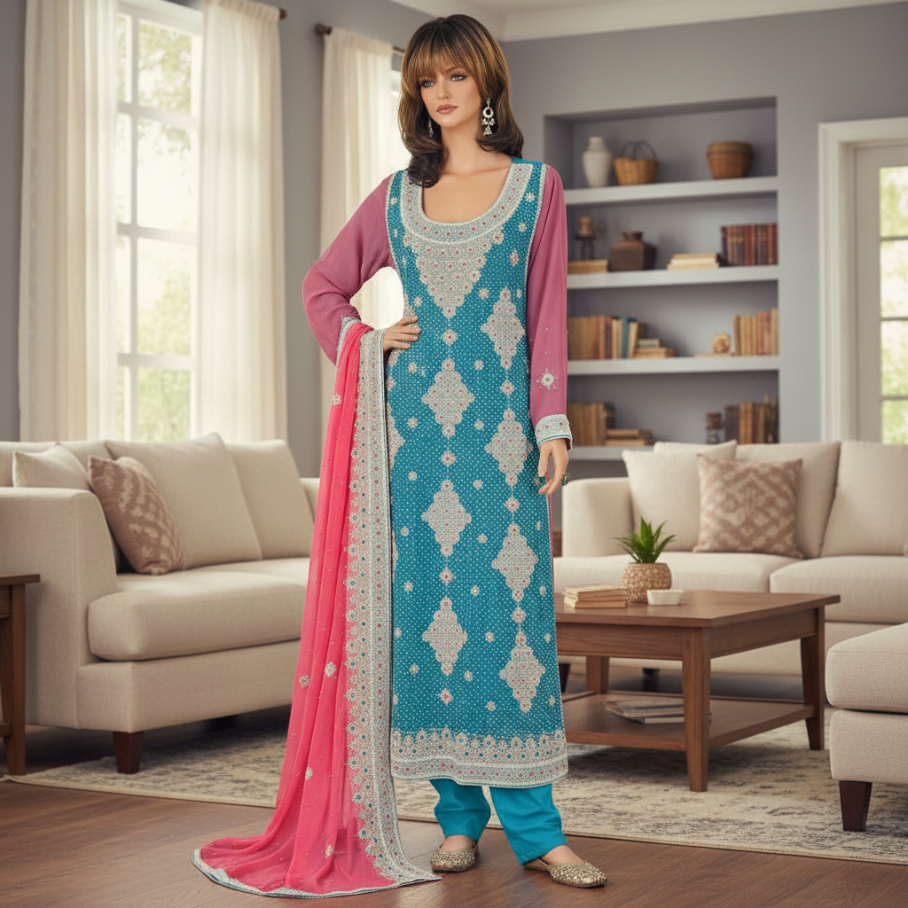 Turquoise Nug, Dabka and Stone Work Chiffon Long Party Dress, Long Party Wear 002