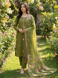 Olive Green Embroidered Lawn Suit with Chiffon Dupatta KF-1068