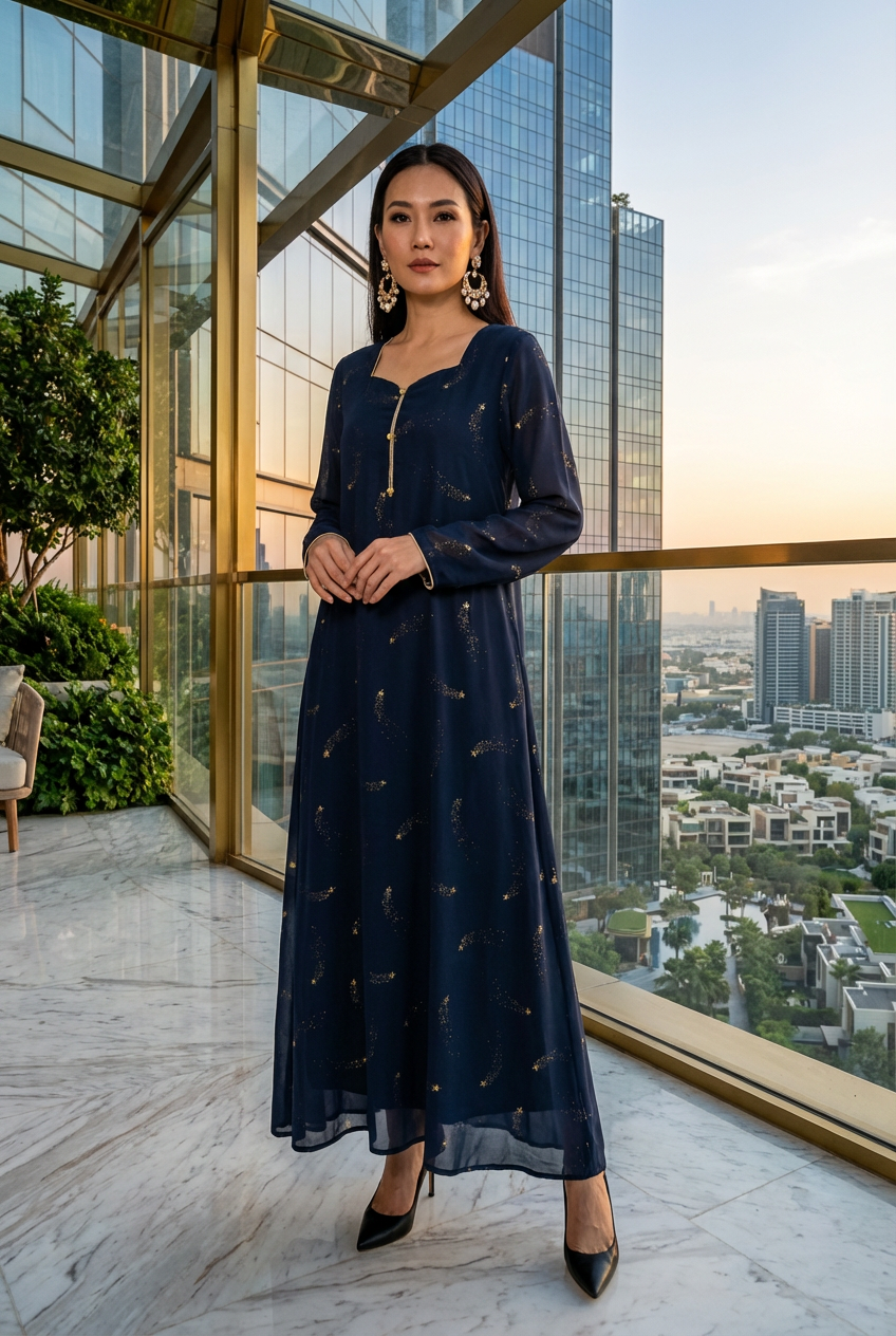 Navy Scattered Motif Georgette Maxi Dress KF-350