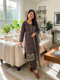 3 Pcs Lawn Suit for Women in Brown KF-9104