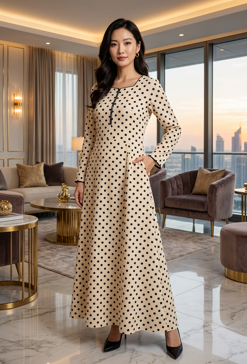 Beige and Black Polka Dot Georgette Maxi Dress KF-505