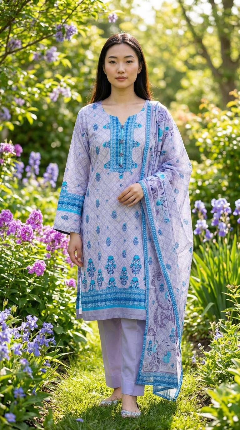Lilac Printed Lawn Suit with Turquoise Work KF-1167