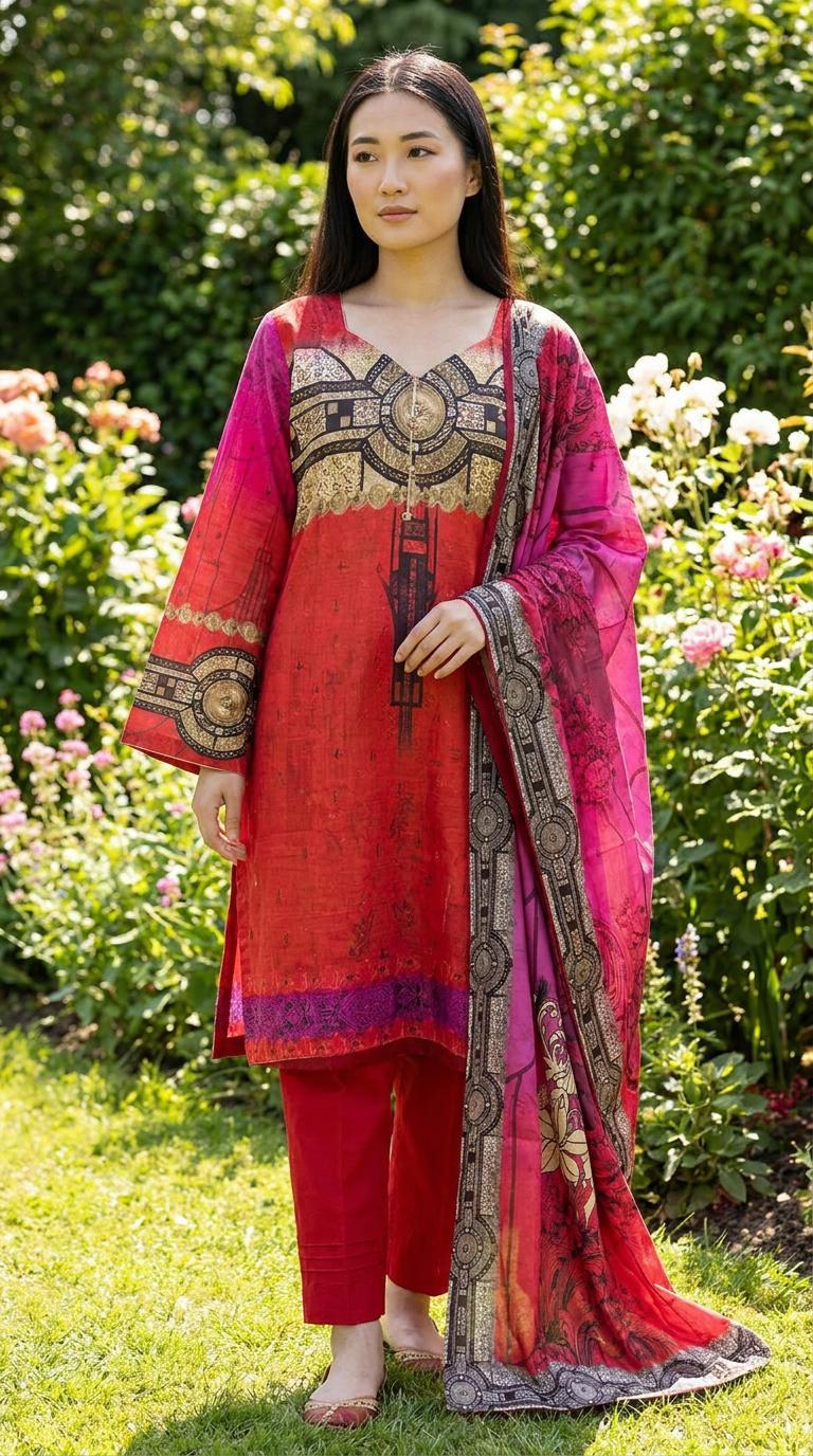 Red and Gold Medallion Print Linen 3 Piece Suit KF-1168
