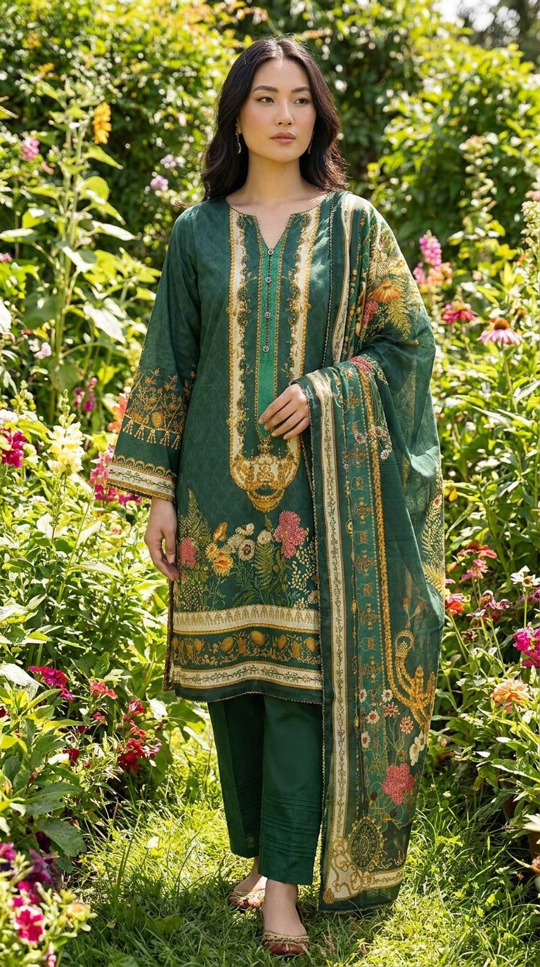 Bottle Green Printed Lawn Suit with Gold Floral Border KF-1169