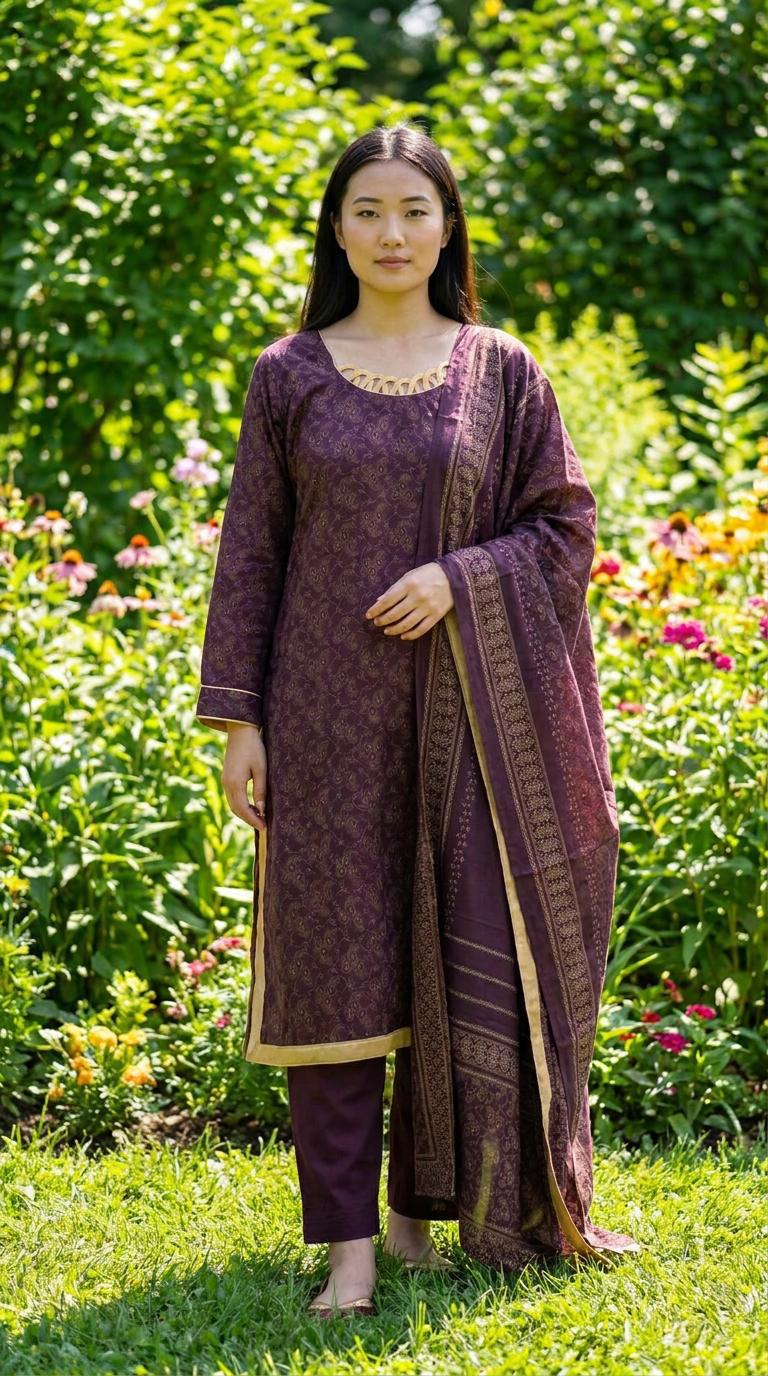 Plum Winter Linen 3 Piece Suit with Gold Border KF-1171