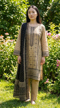 Beige Block Print Lawn Suit with Black Dupatta KF-1172