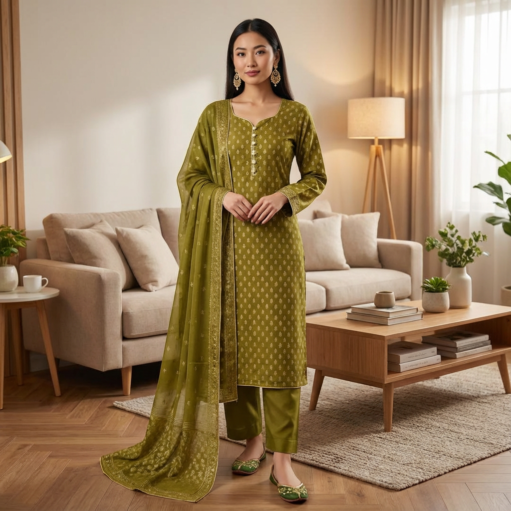 Mehndi Green Lawn Block Print 3 Piece Suit with Chiffon Dupatta KF-530