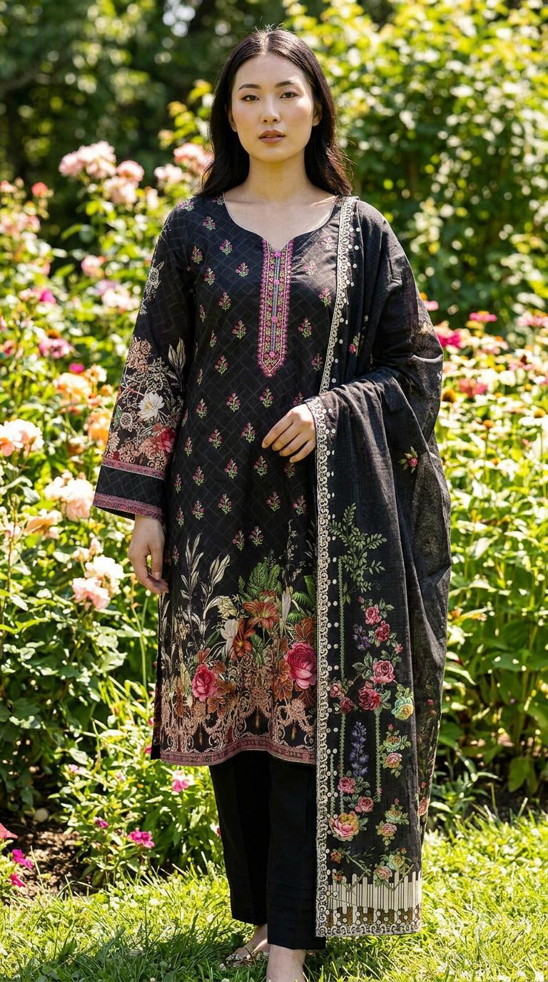 Black Floral Embroidered Linen Suit with Matching Shawl KF-1173