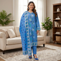 Blue Printed Self Linen 3 Piece Suit KF-543