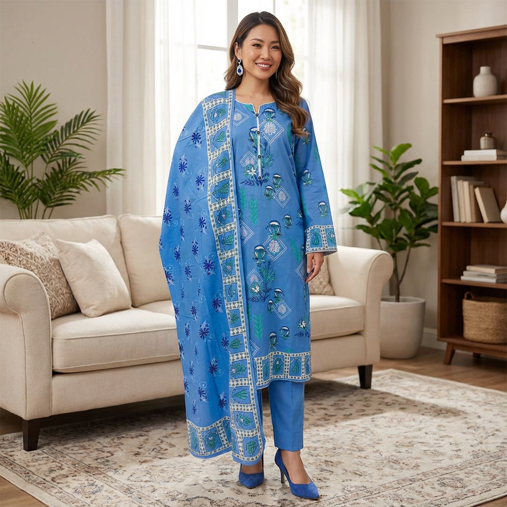 Blue Printed Self Linen 3 Piece Suit KF-543