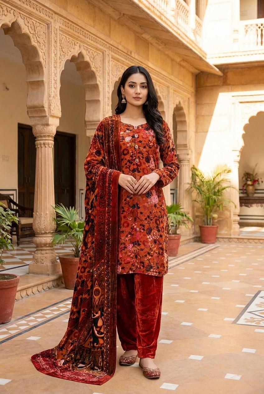 Rust Floral Palachi 3 Piece Suit with Velvet Trouser KF-1033
