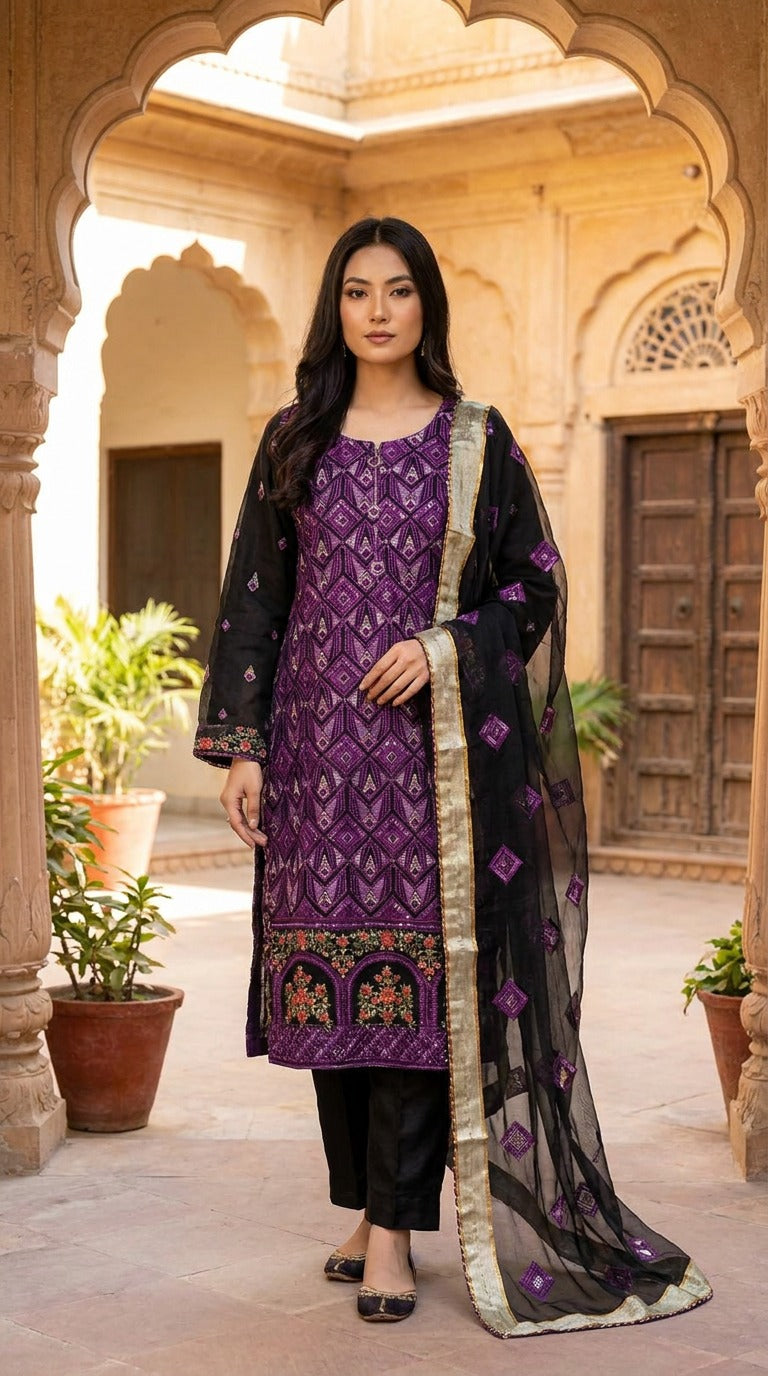 Purple Fully Embroidered Net 3 Piece Suit with Pure Silk Shalwar KF-1034