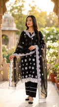 Black Lawn Cotton 3 Piece Suit with White Embroidery and Chiffon Dupatta KF-1175