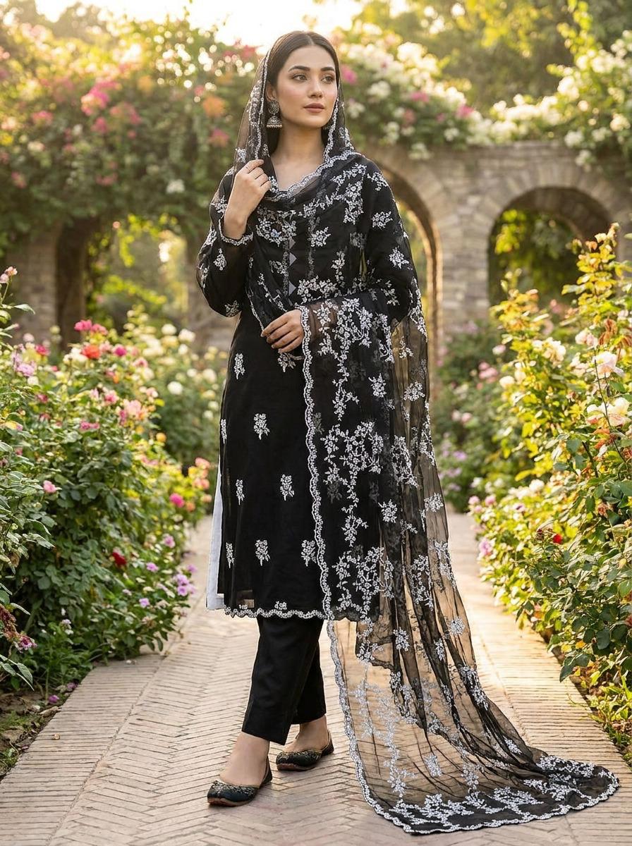 Black Floral Embroidered Lawn Cotton 3 Piece Suit with Chiffon Dupatta KF-1176