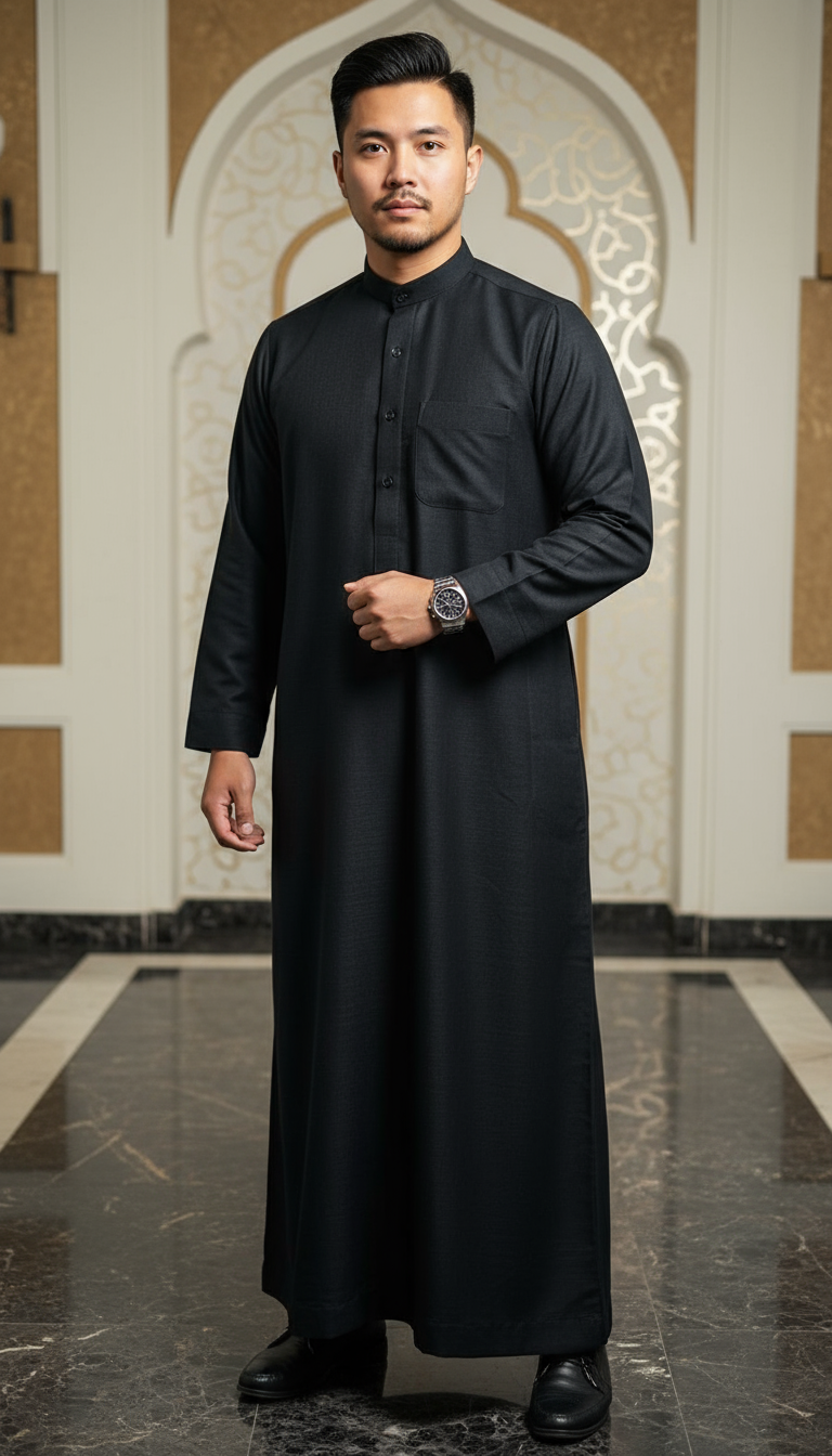 Men's Black Thobe with Mandarin Collar, Thawb-019