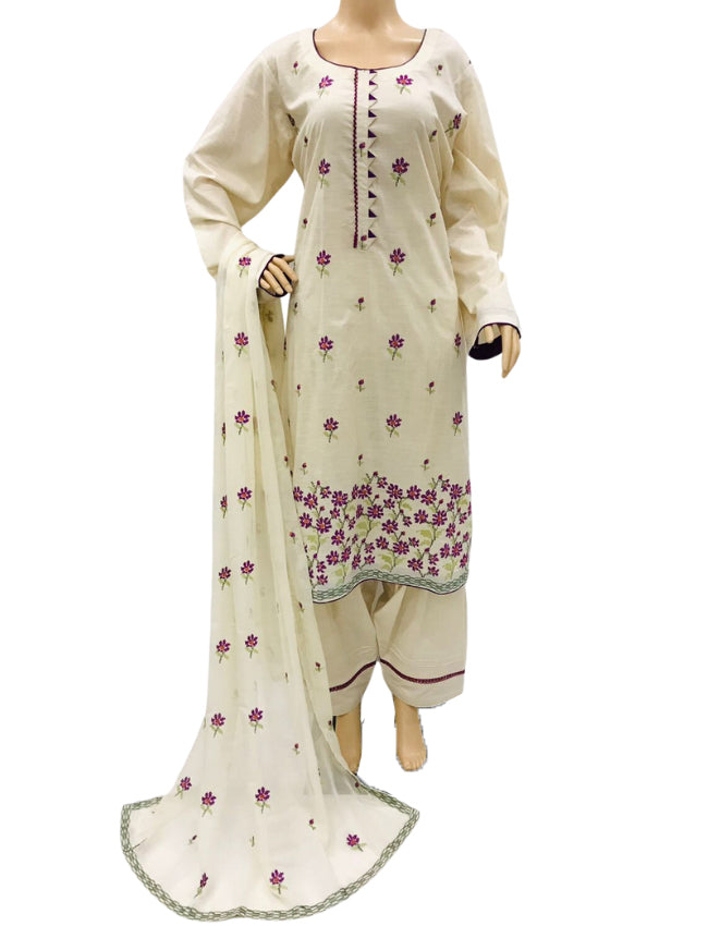Ivory Lawn 3 Piece Suit with Purple Embroidery and Chiffon Dupatta KF-9108