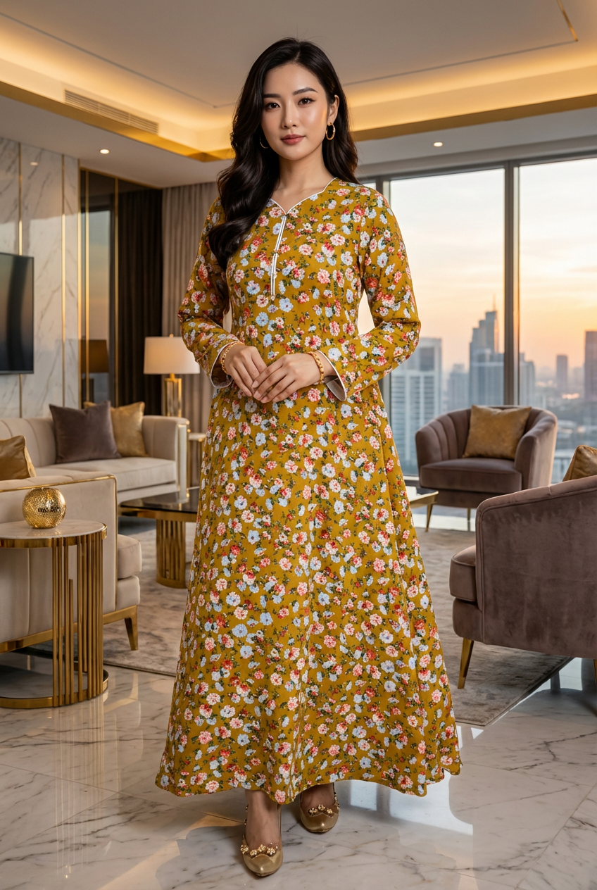 Mustard Floral Print Georgette Maxi Dress KF-475