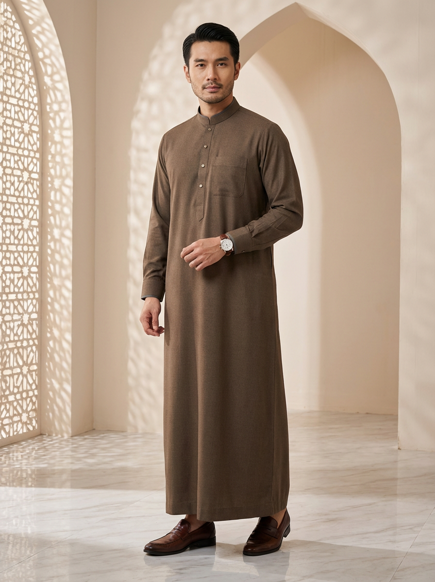 Men's Chocolate Brown Thobe with Mandarin Collar, Thawb-036