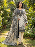White Printed Viscose Linen 3 Piece Suit with Lace Work KF-1069