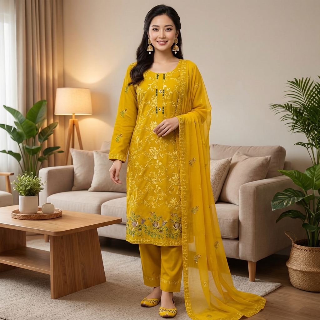 Yellow Embroidered Lawn 3 Piece Suit with Chiffon Dupatta KF-554