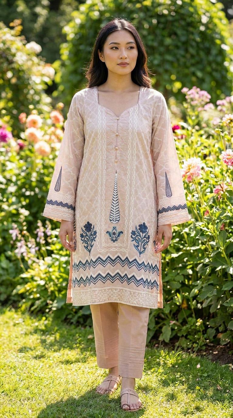 Beige Embroidered Orient Linen 2 Piece Suit KF-1181