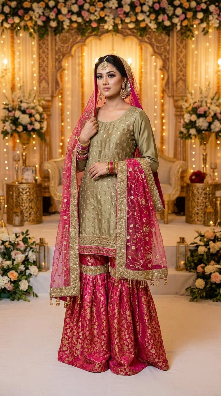 Olive Green Embroidered Chiffon Suit with Banarsi Jamawar Farshi Gharara KF-1038