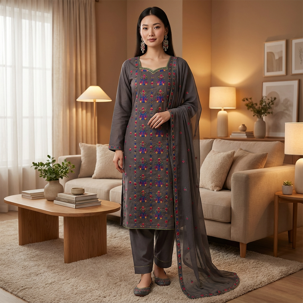 Taupe Embroidered Lawn 3 Piece Suit with Chiffon Dupatta KF-558