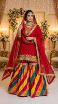 Red Chiffon Farshi Gharara Suit with Multicolour Leheriya KF-1039