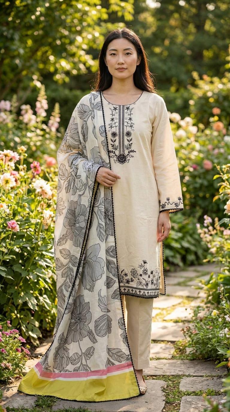 Ivory Cotton Lawn 3 Piece Suit with Black Embroidery and Jacquard Dupatta KF-1184