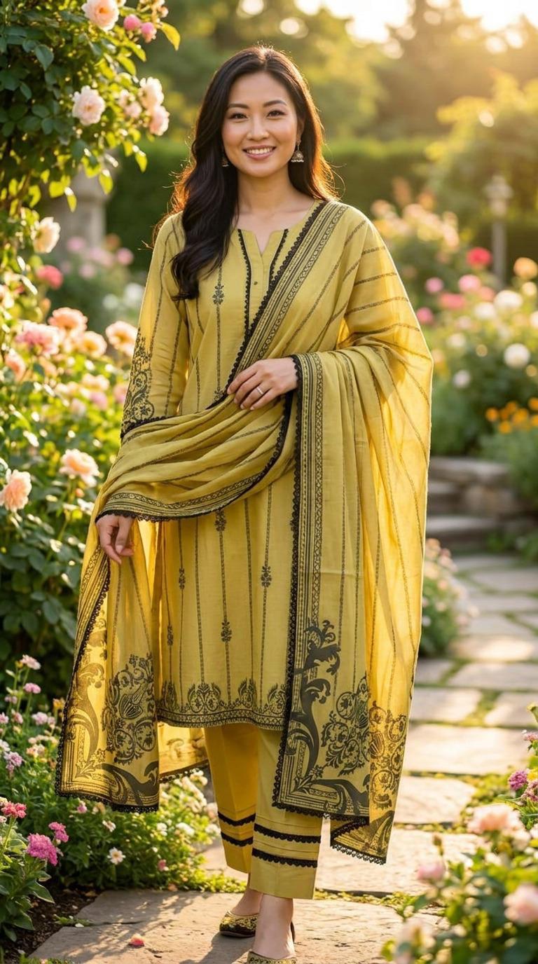 Pale Yellow Striped Print Lawn 3 Piece Suit with Paisley Border KF-1189