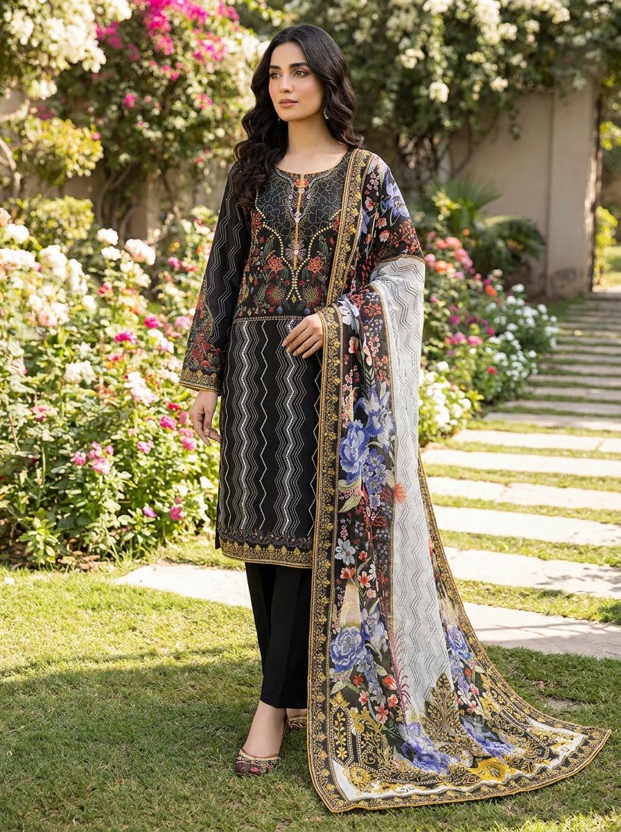 Black Embroidered Lawn 3 Piece Suit with Floral Print Dupatta KF-1191