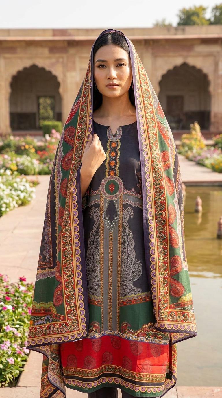 Black Printed Linen 2 Piece Suit with Paisley Dupatta KF-1192