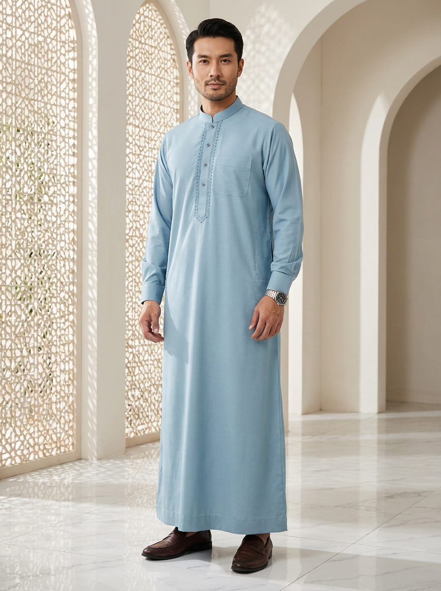 Men's Powder Blue Thobe with Mandarin Collar, Thawb-040