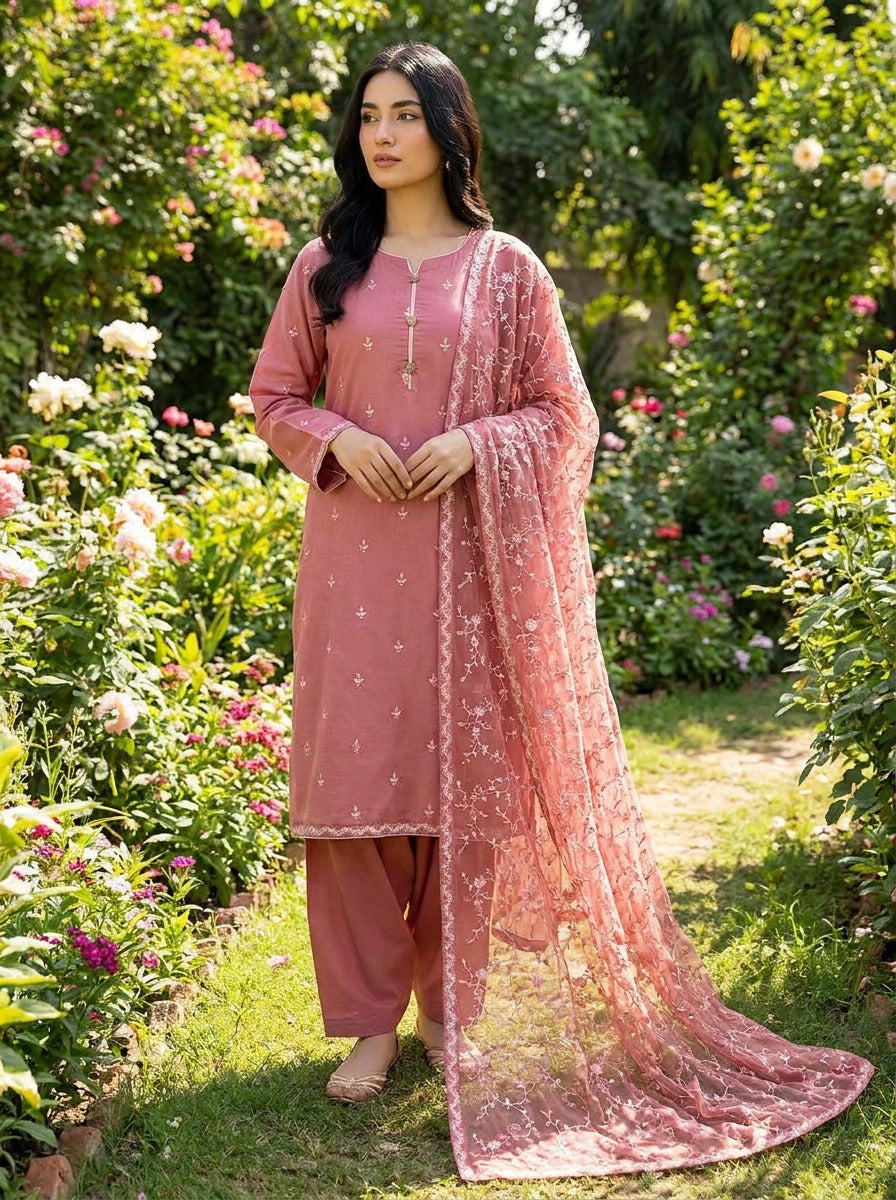 Dusty Rose Fully Embroidered 3 Piece Suit with Dori Piping KF-1073