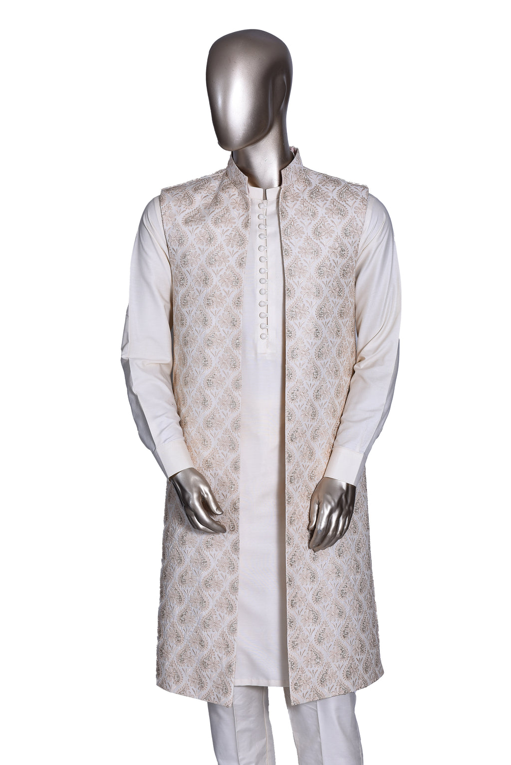 Men's Off White Embroidered Raw Silk Prince Coat with Kurta and Trouser KF-70